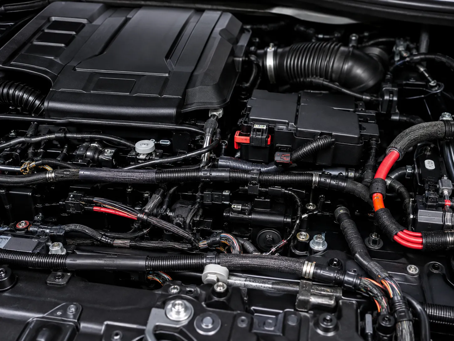 Automotive wiring harness with black corrugated tubing red high-voltage cables and multi-pin connectors installed in car engine bay for AVSS AVX GXL heat-resistant automotive electrical systems at UET Machine factory