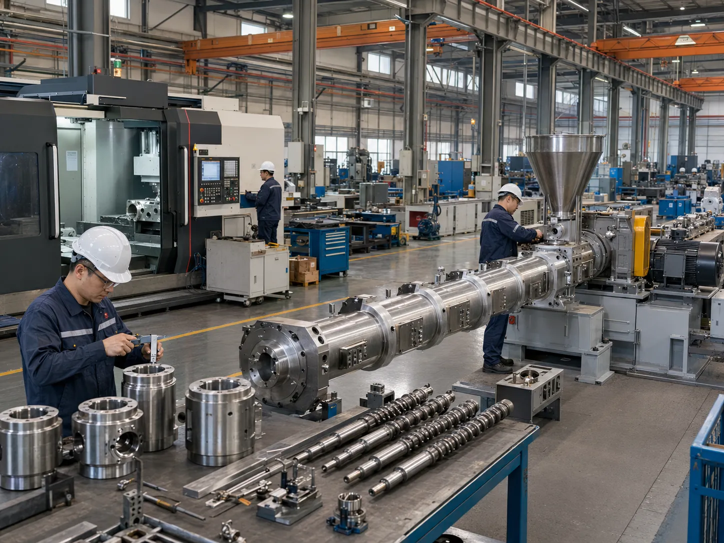 CNC machining center and precision assembly line producing twin screw bio extruder components in a modern industrial manufacturing facility with workers using calipers for quality inspection