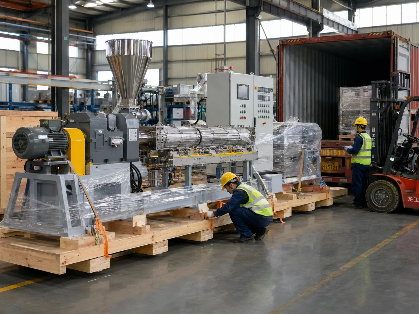 Bio extruder machine wrapped in protective stretch film on wooden pallet being loaded into shipping container by forklift in an industrial warehouse for international delivery