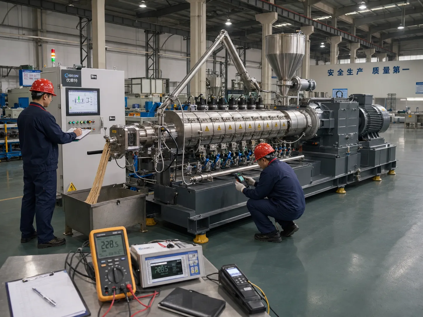 Factory quality testing of twin screw bio extruder with workers performing load testing and temperature calibration using multimeters and recording instruments on the production floor