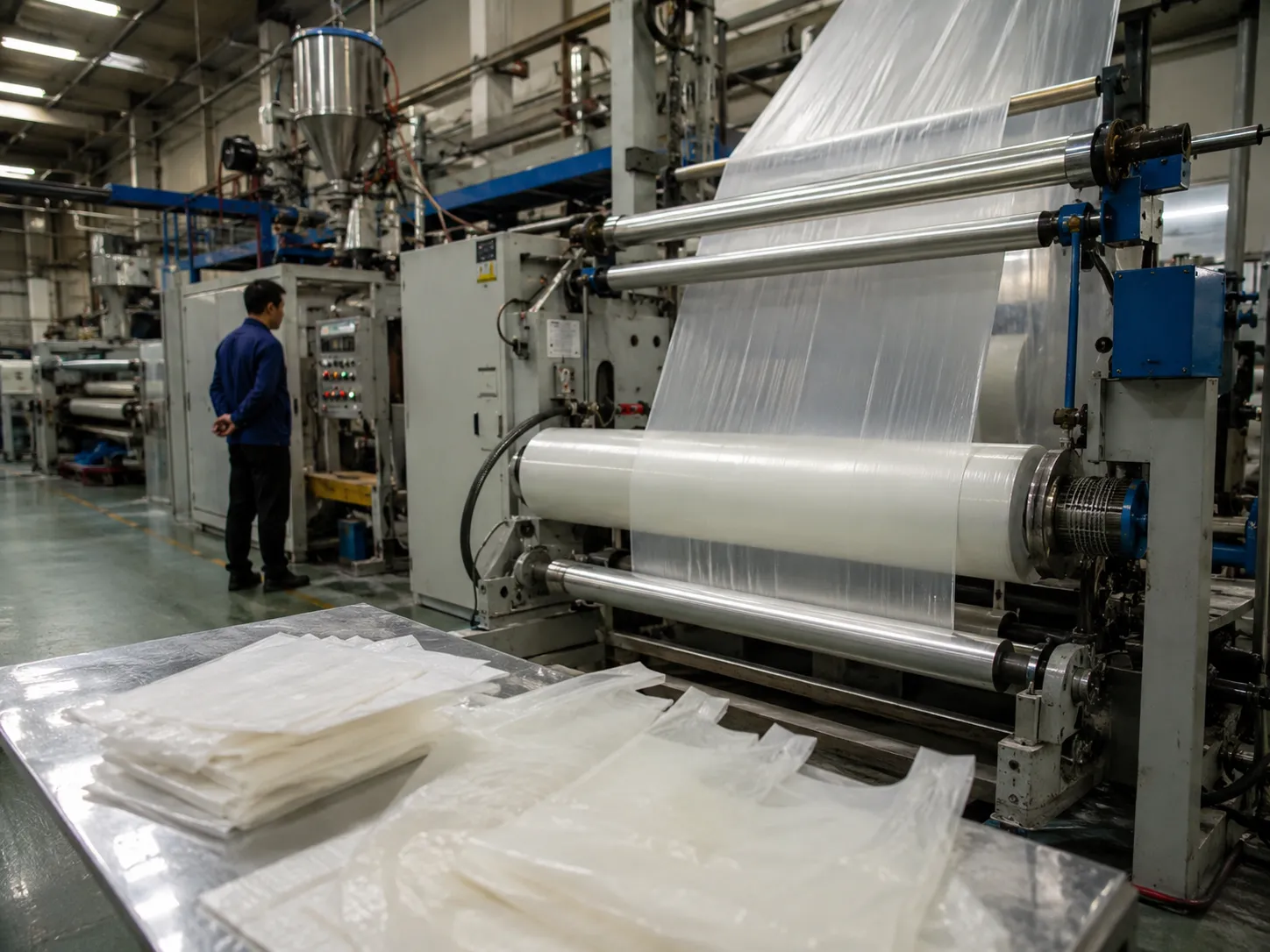 Bio extruder producing transparent biodegradable plastic film rolls and compostable bags on an industrial packaging production line