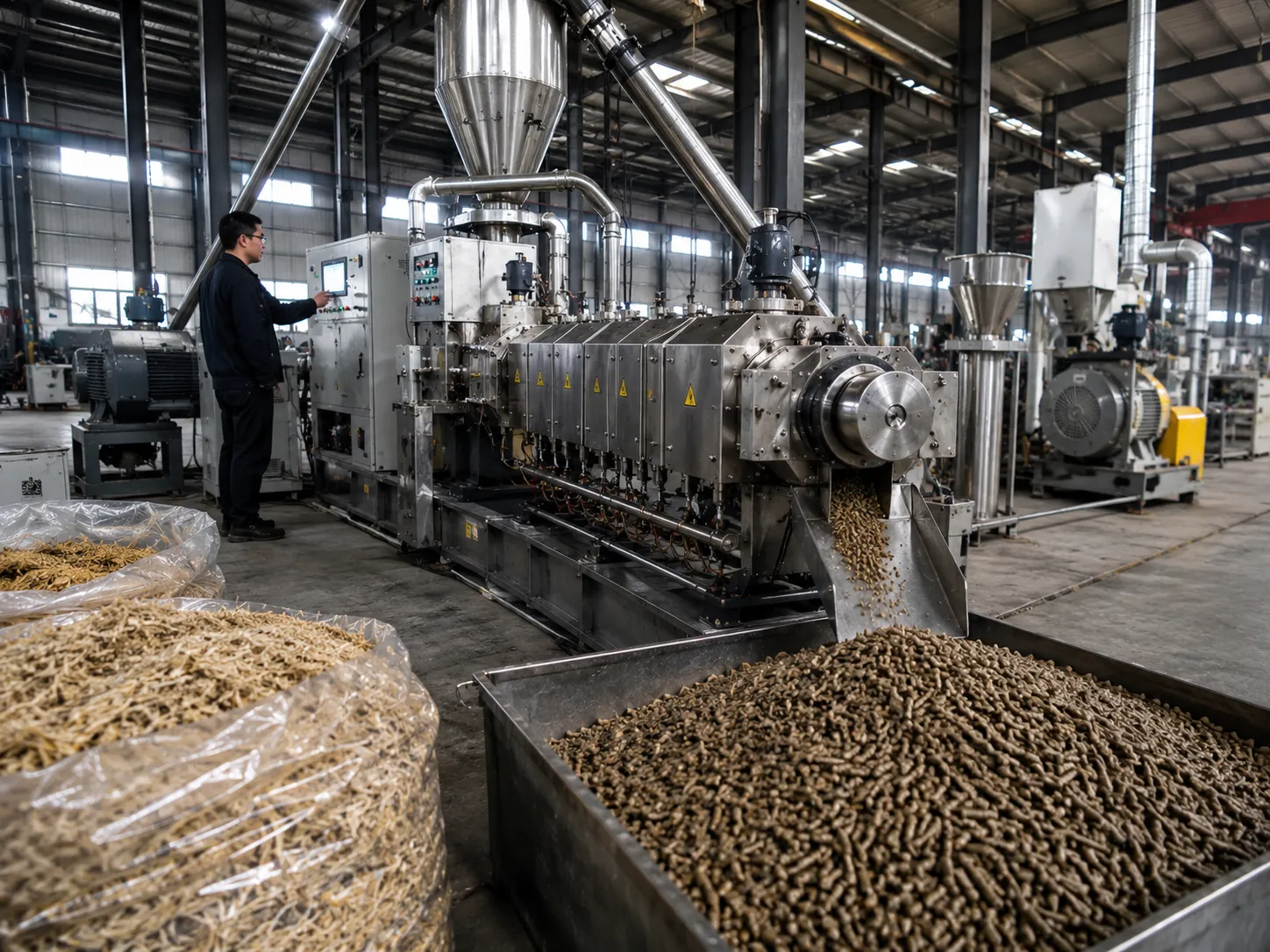 Industrial biomass extruder producing dark brown cylindrical pellets from agricultural residues and organic waste materials