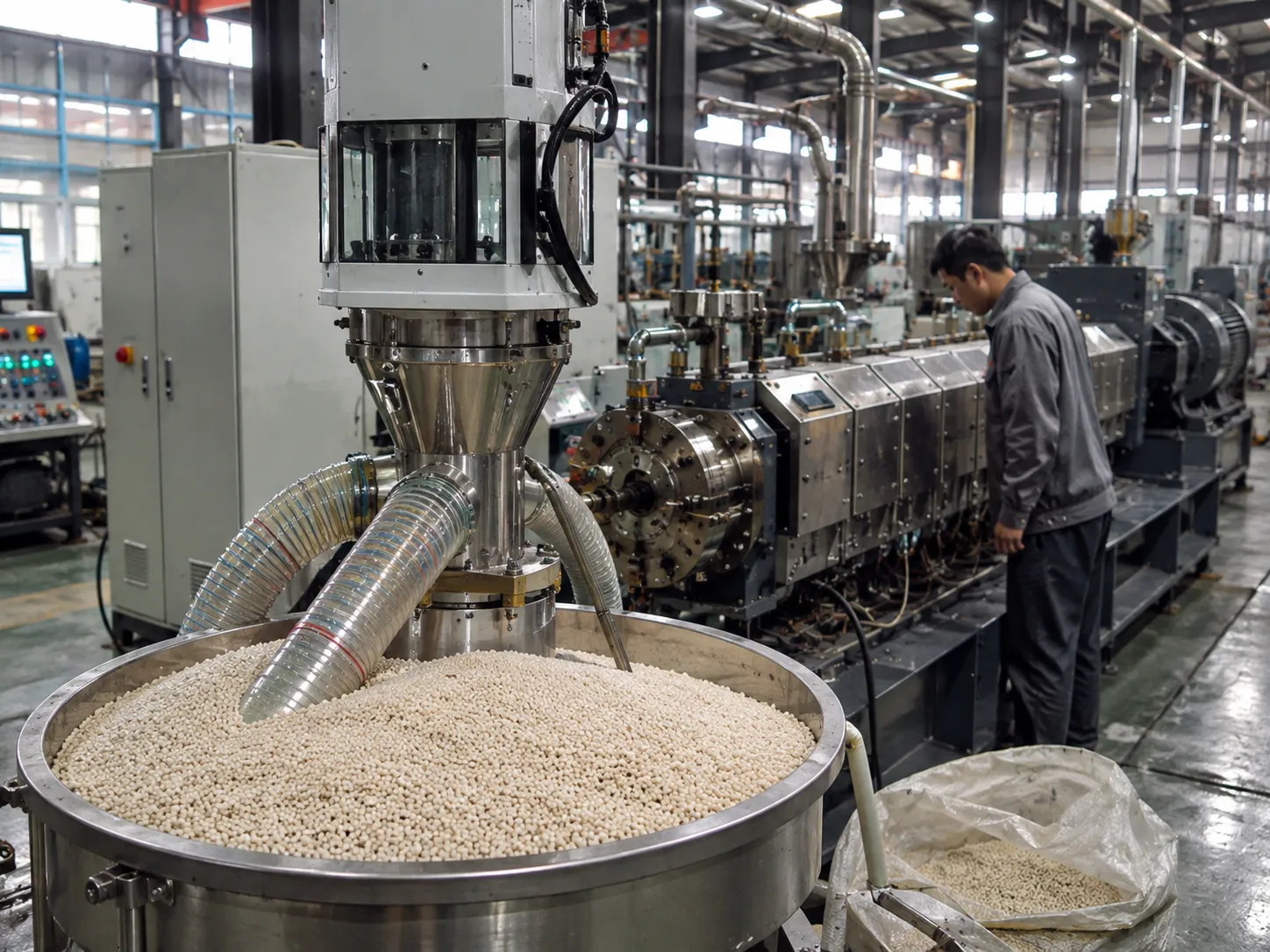 Twin screw extruder processing white biopolymer pellets for PLA, PHA, and PBS compounding in an industrial manufacturing facility