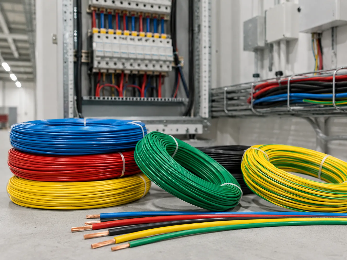 Multi-colored PVC insulated building wires in blue red yellow and green with bare copper conductors wound on reels for THHN BV RV residential and commercial electrical wiring 1.5-16mm2 conductors at UET Machine factory