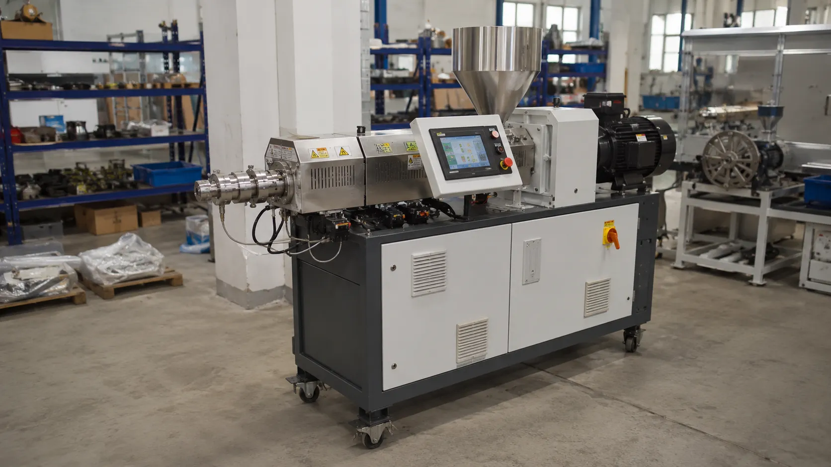 Compact small batch single screw extruder with touch screen control panel for small workshops