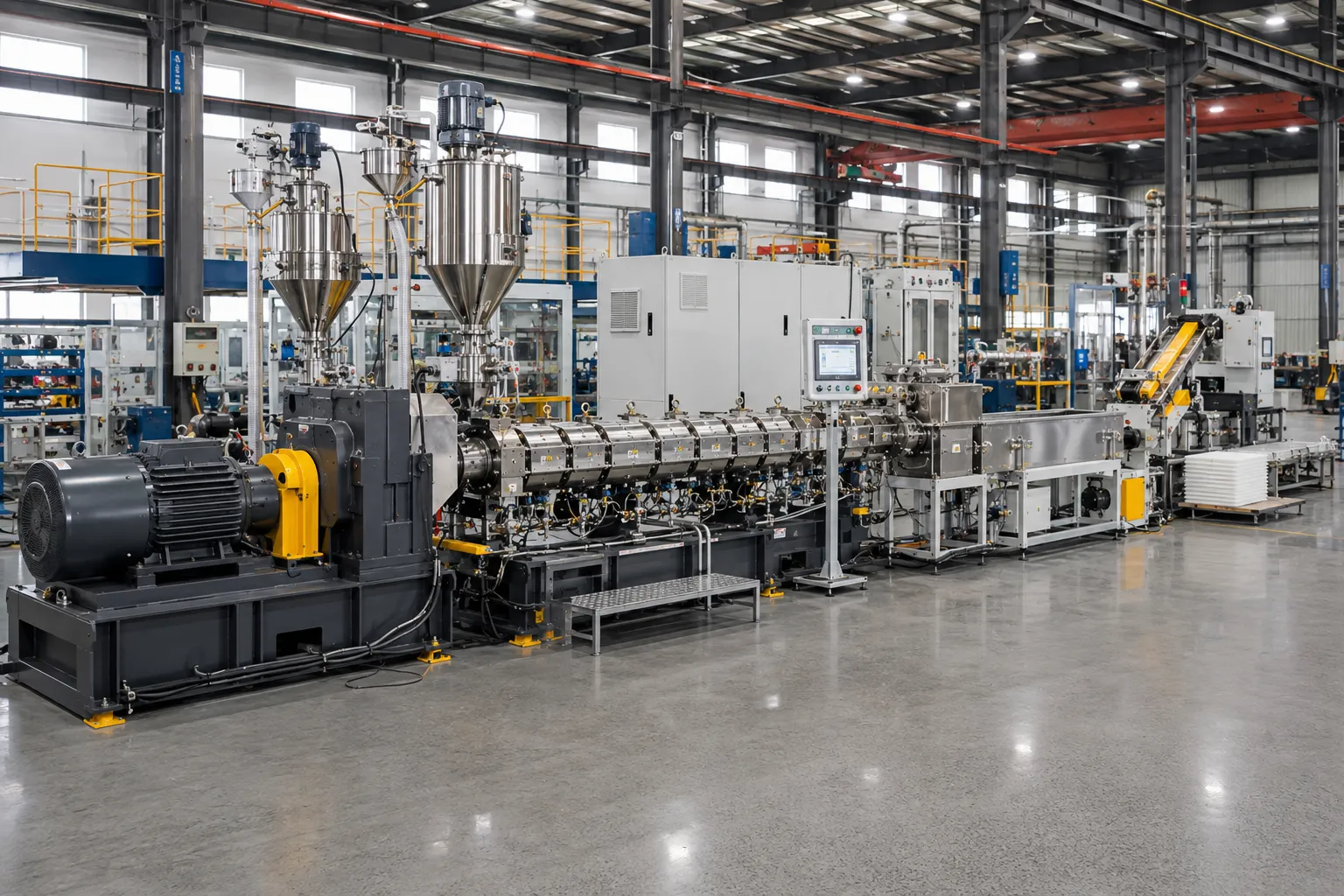 Turnkey engineering plastic extrusion line layout showing twin-screw extruder, gravimetric feeders, die head, vacuum tank, puller and cutter at UET Machine factory