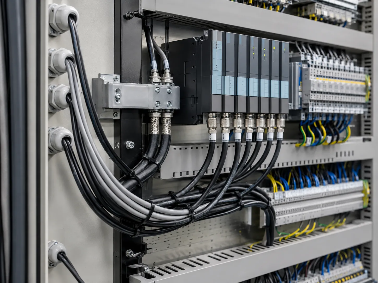 Multi-core shielded control cables with black and grey jackets connected to PLC modules and terminal blocks in industrial automation control cabinet with neat wiring and cable management at UET Machine factory