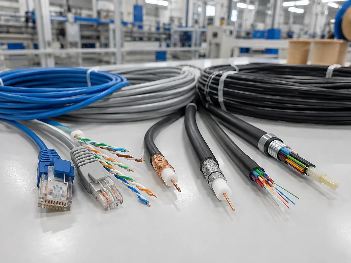 Data and telecom cables including blue and grey RJ45 Ethernet cables Cat5e Cat6 black coaxial cables with copper braid shielding and multi-core fiber optic cables with colored fiber bundles for network communication at UET Machine factory