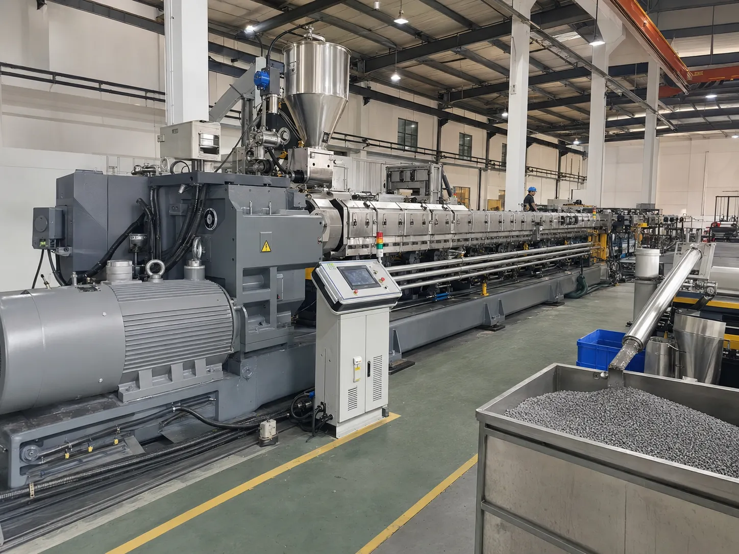 Energy-saving recycled plastic extruder production line running continuously in modern factory with safety-standard workshop and real-time pellet output monitoring