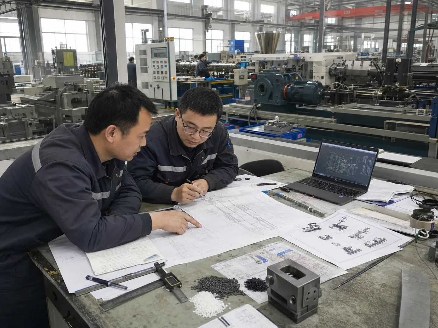 Extrusion line engineers reviewing machine design and production drawings in a China factory