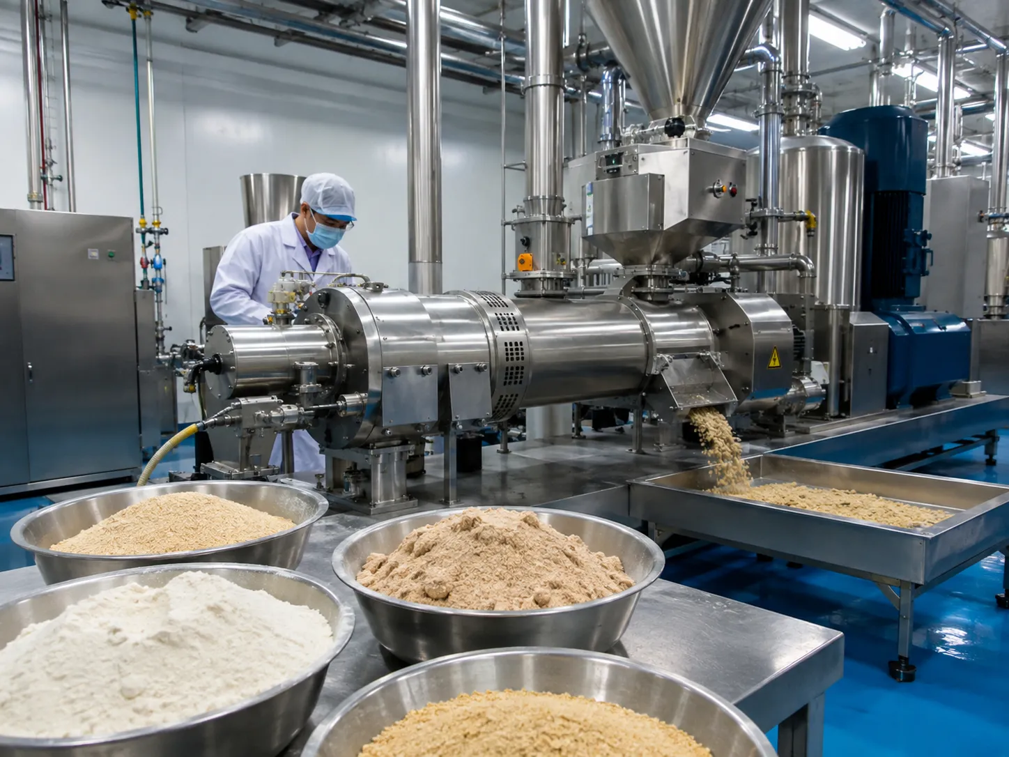 Twin screw bio extruder processing protein concentrates and dietary fiber granules in a modern food-grade production facility
