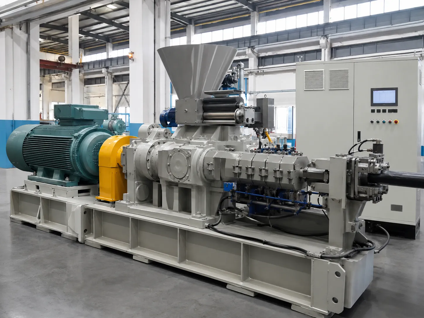 Energy saving rubber extruder with optimized screw drive and low noise operation