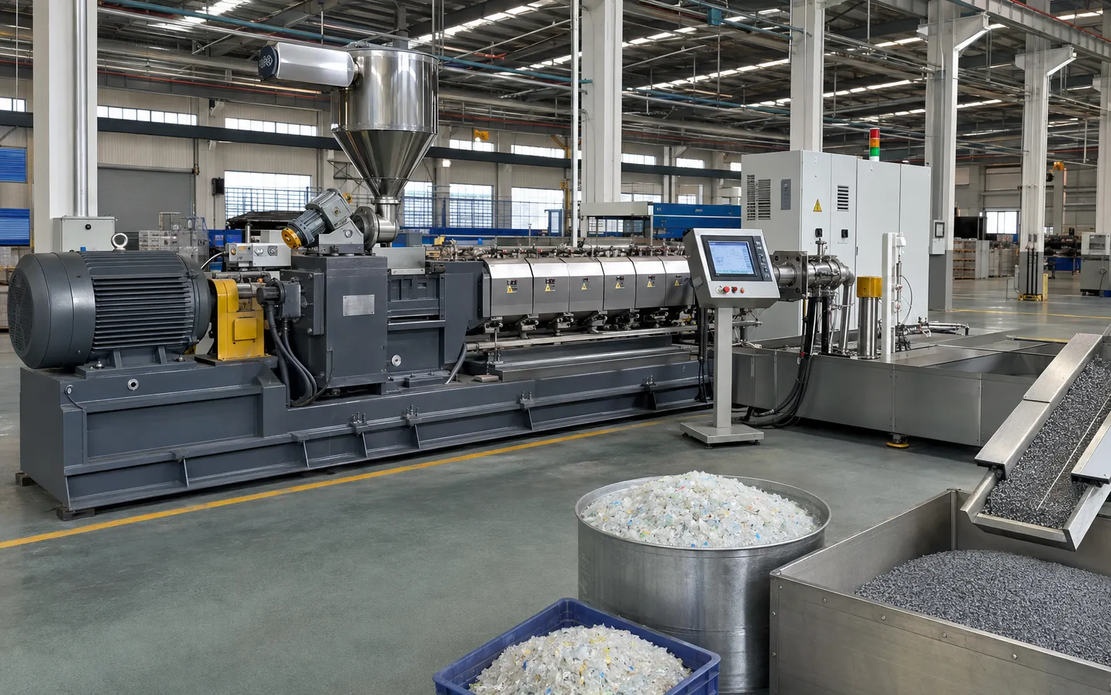 High-efficiency recycled plastic extrusion line featuring twin screw technology for continuous pelletizing of reclaimed plastic materials