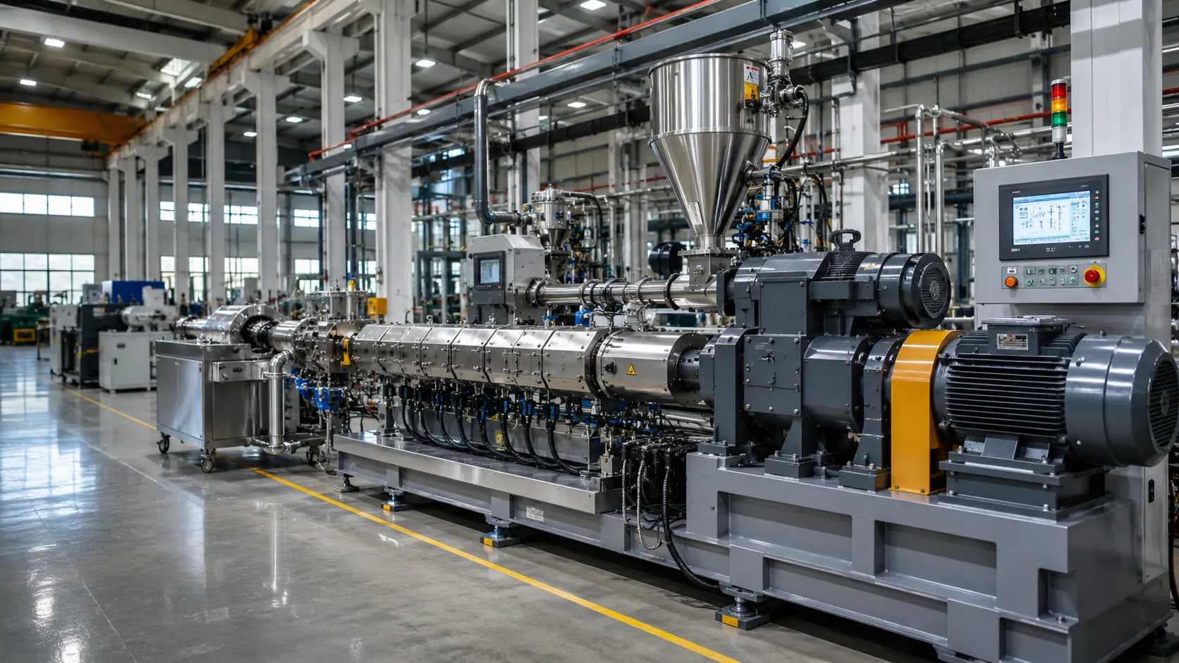 High-performance co-rotating twin screw reactive extruder in modern factory — industrial reactive extrusion system for polymerization, compounding and chemical modification of bioplastics and engineering plastics