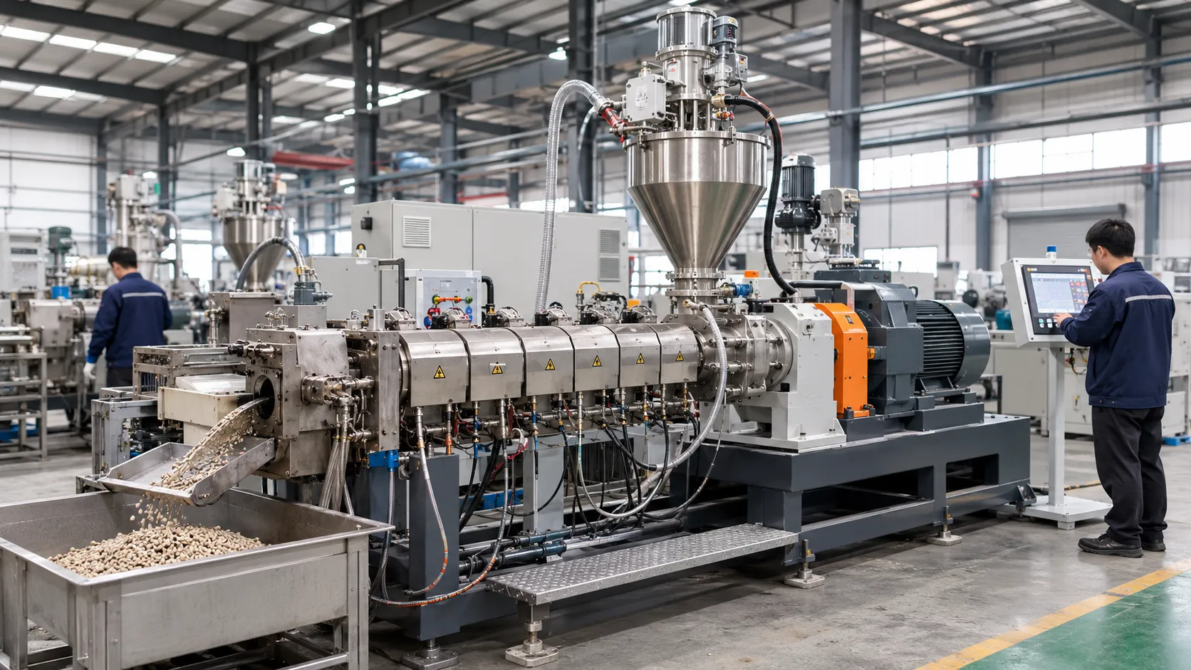 Industrial twin-screw bio extruder processing biopolymer pellets in a factory, with an operator monitoring the extrusion system