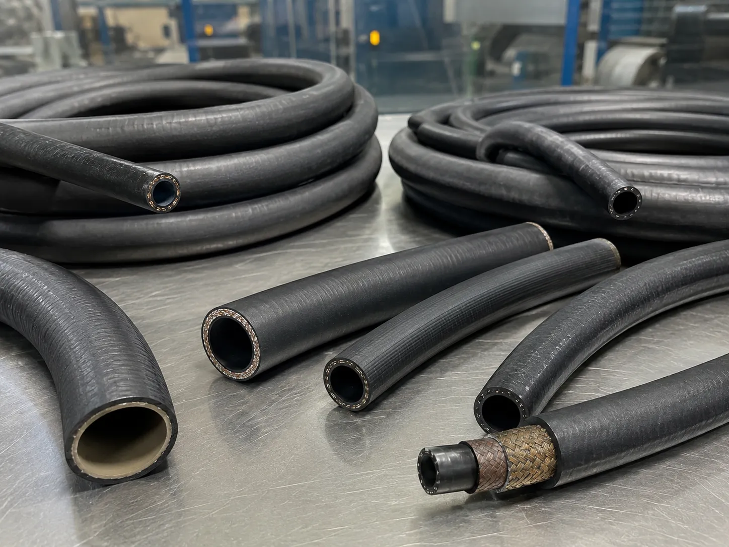 Industrial rubber hoses with multi-layer extrusion and braiding reinforcement
