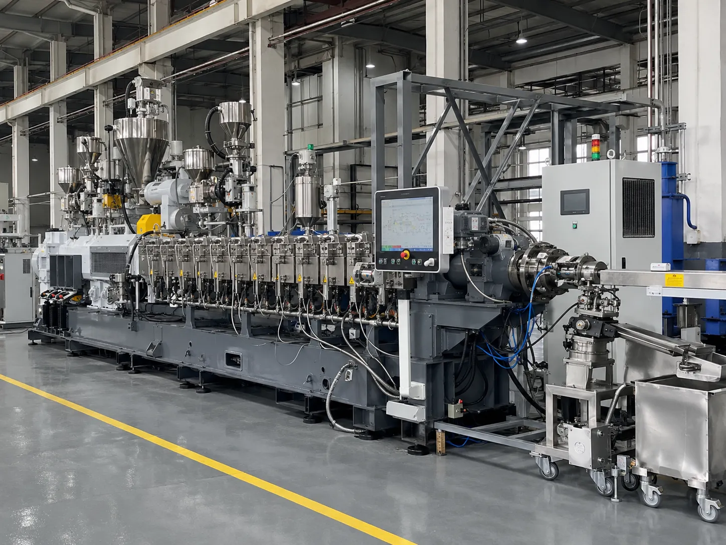 Multi-formula extrusion line with 150-recipe PLC storage handling PA PC POM ABS PBT changeovers at UET Machine