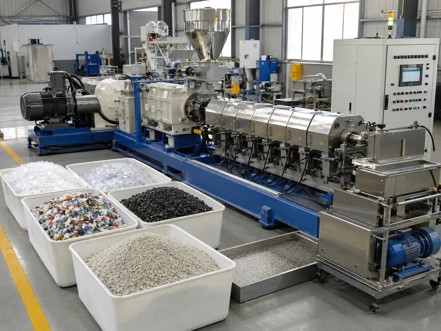 Multi-material compatible recycled plastic extruder processing various formulas into color-coded pellets including HDPE PP PET and mixed reclaimed plastics with twin screw technology