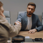 British businessman Oliver Thompson in tailored suit shaking hands across conference table, reflecting formal UK business etiquette and partnership negotiation