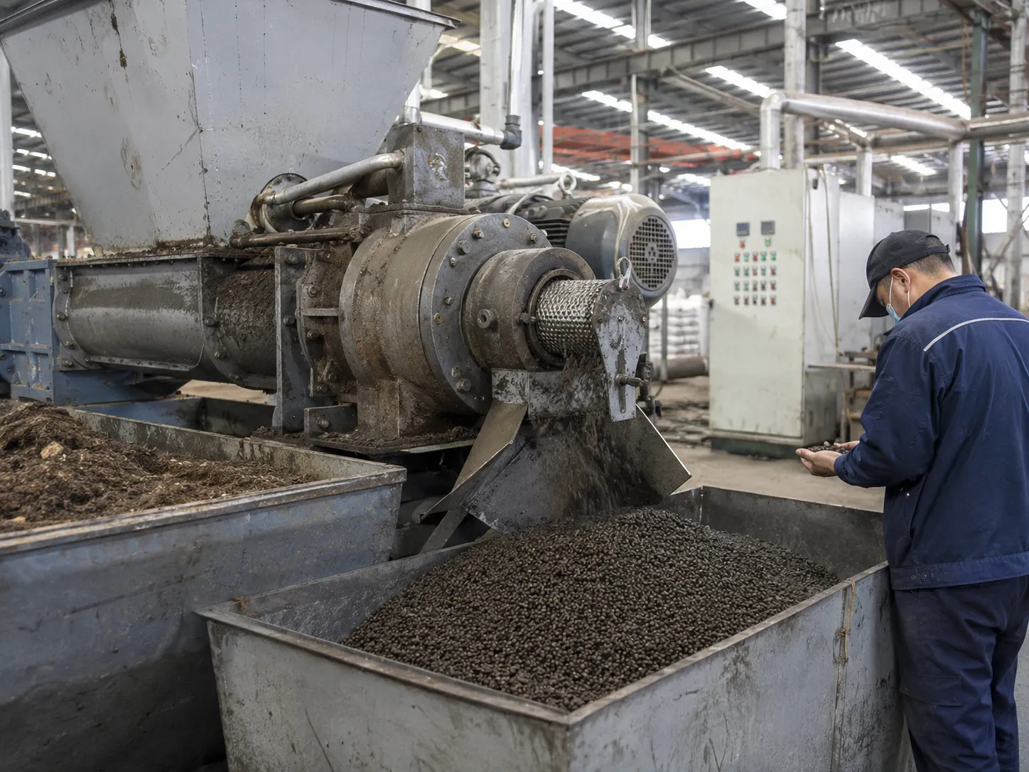 Bio extruder granulating dark brown organic matter into uniform fertilizer pellets in an agricultural production facility