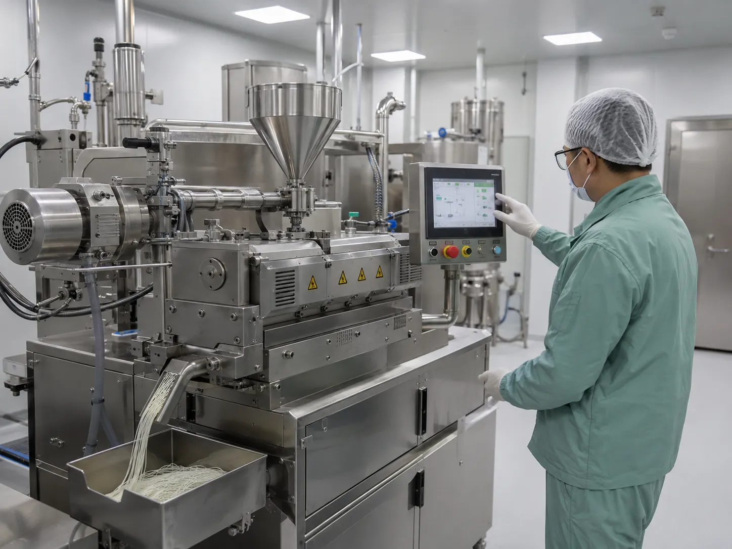 Pharmaceutical-grade twin screw extruder performing hot-melt extrusion for solid dispersions in a GMP clean room environment
