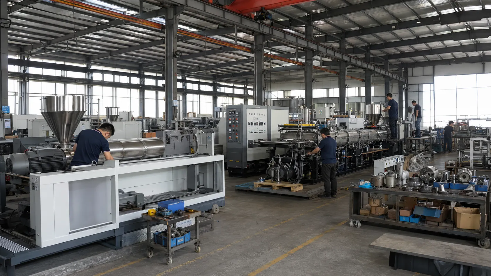 Plastic extruder manufacturing factory in China with engineers assembling extrusion machinery