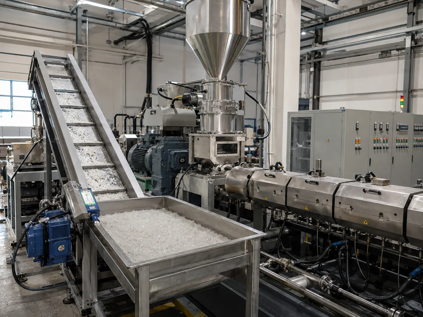 Recycled plastic flakes automatically fed into a twin screw extruder via conveyor system in a continuous plastic recycling extrusion process line