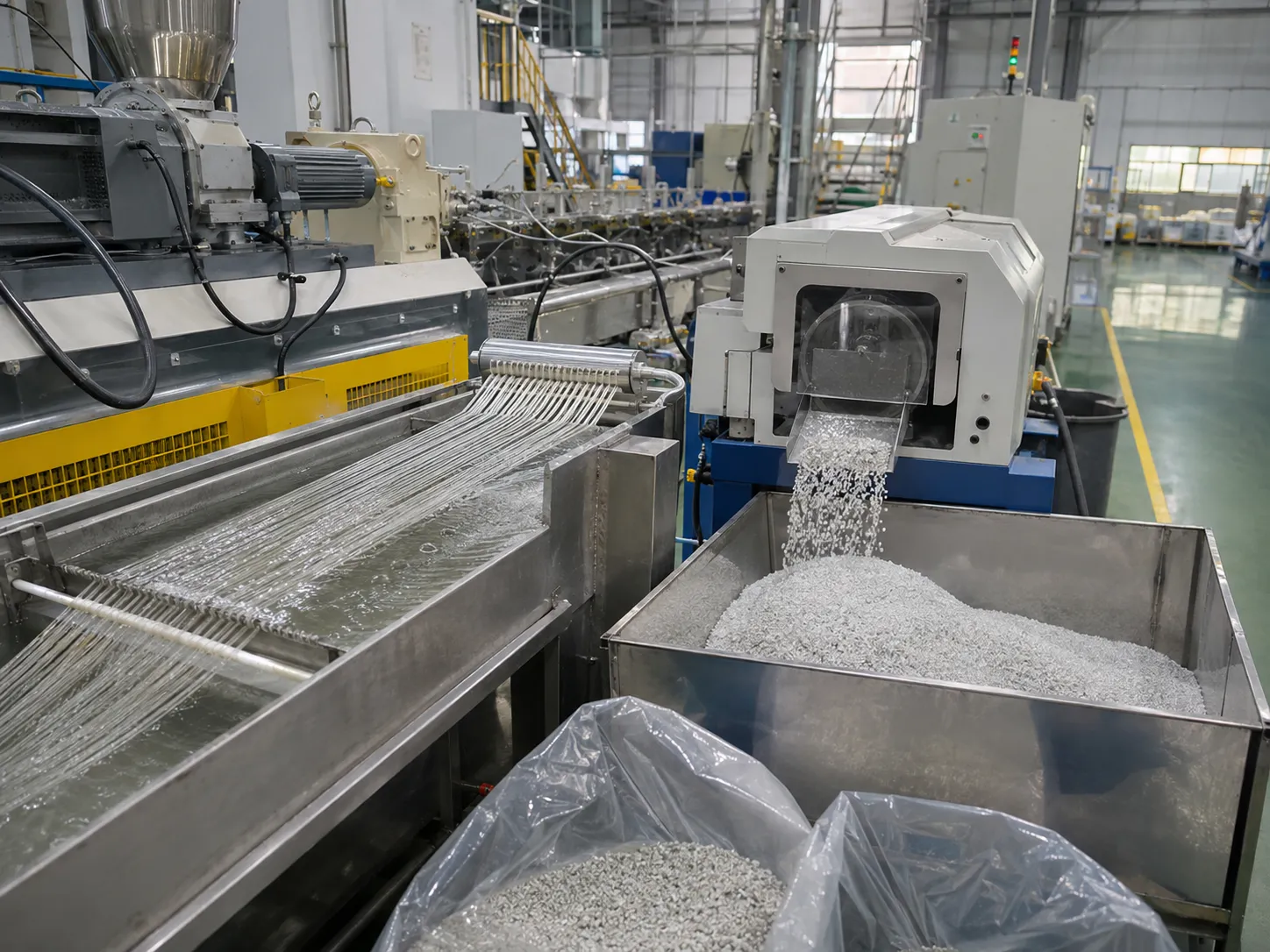 Plastic recycling extrusion line cooling and pelletizing stage producing uniform recycled plastic pellets with automated cutting and collection system in UET Machine factory