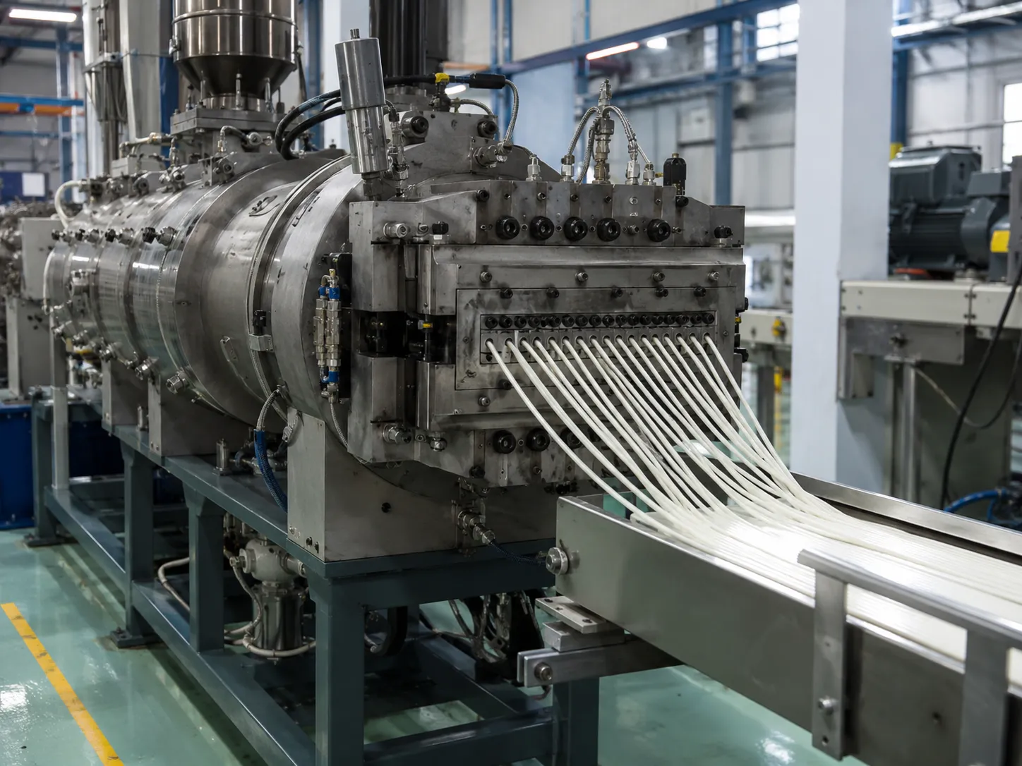 Molten recycled plastic extruded through a custom die head into uniform strands flowing into a cooling conveyor tank in a plastic recycling extrusion line