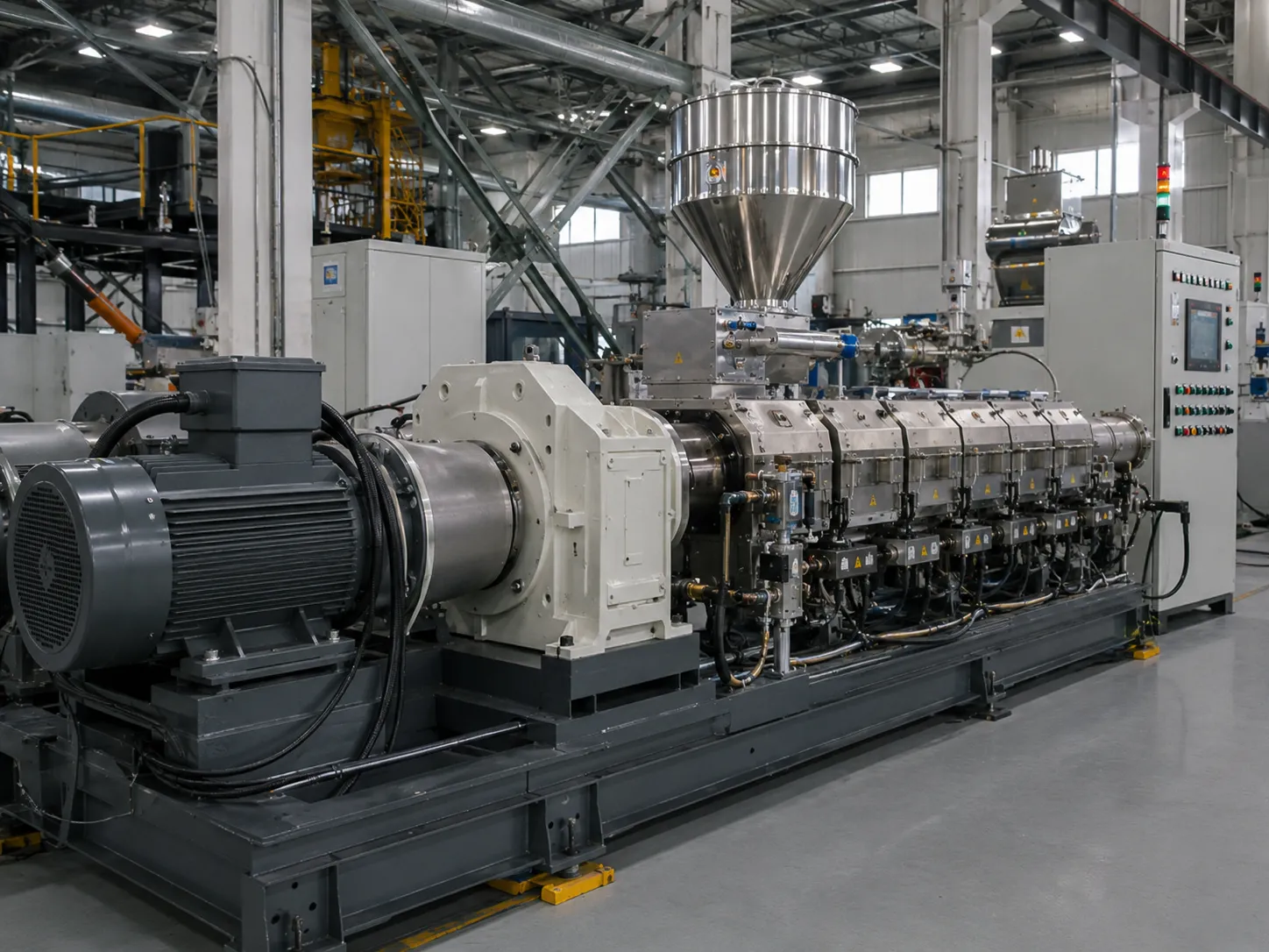 Industrial twin screw extruder for plastic recycling featuring multi-zone temperature control, intelligent electrical cabinet, and heavy-duty motor drive in modern factory