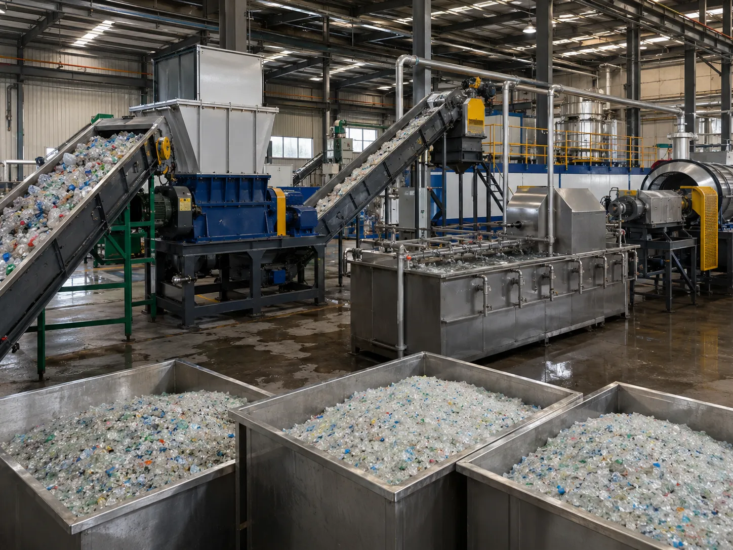 Waste plastic bottles being crushed and washed in a recycling production line, producing clean plastic flakes as raw material for the extrusion process at UET Machine factory
