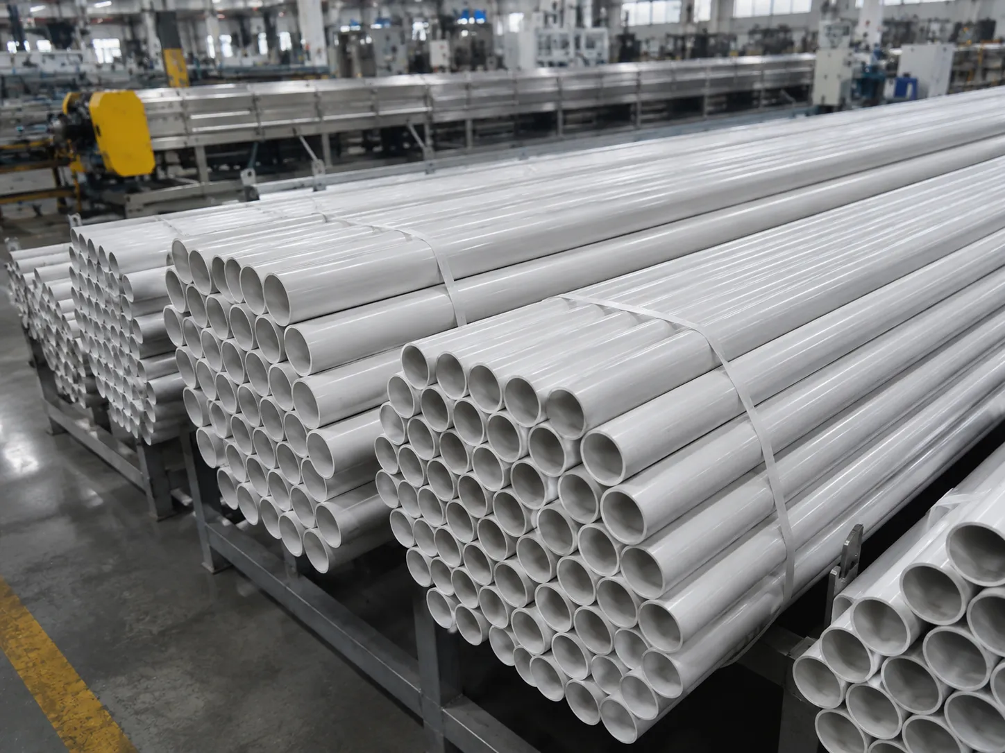 PVC electrical conduit pipes bundled on pallets for flame-retardant cable protection, Ø16–63mm