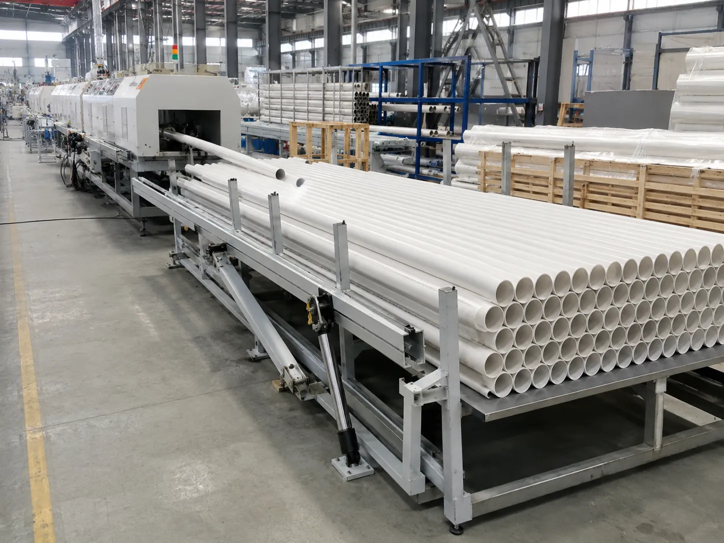 Auto stacker collecting finished white PVC pipes ready for export packing and shipment at the UET Machine factory