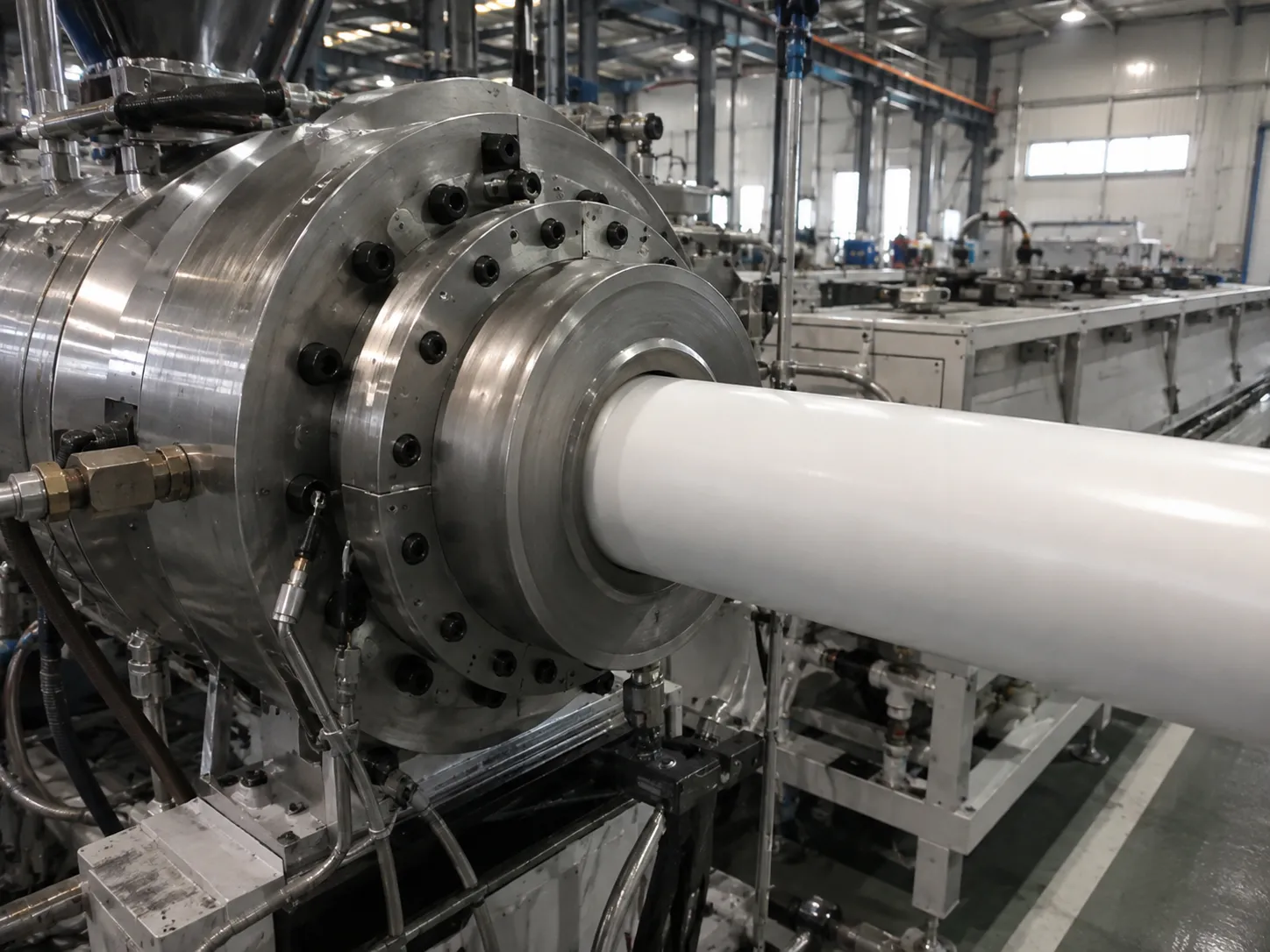 Precision-machined die head shaping molten PVC into a pipe or profile cross-section on a UET PVC extrusion line