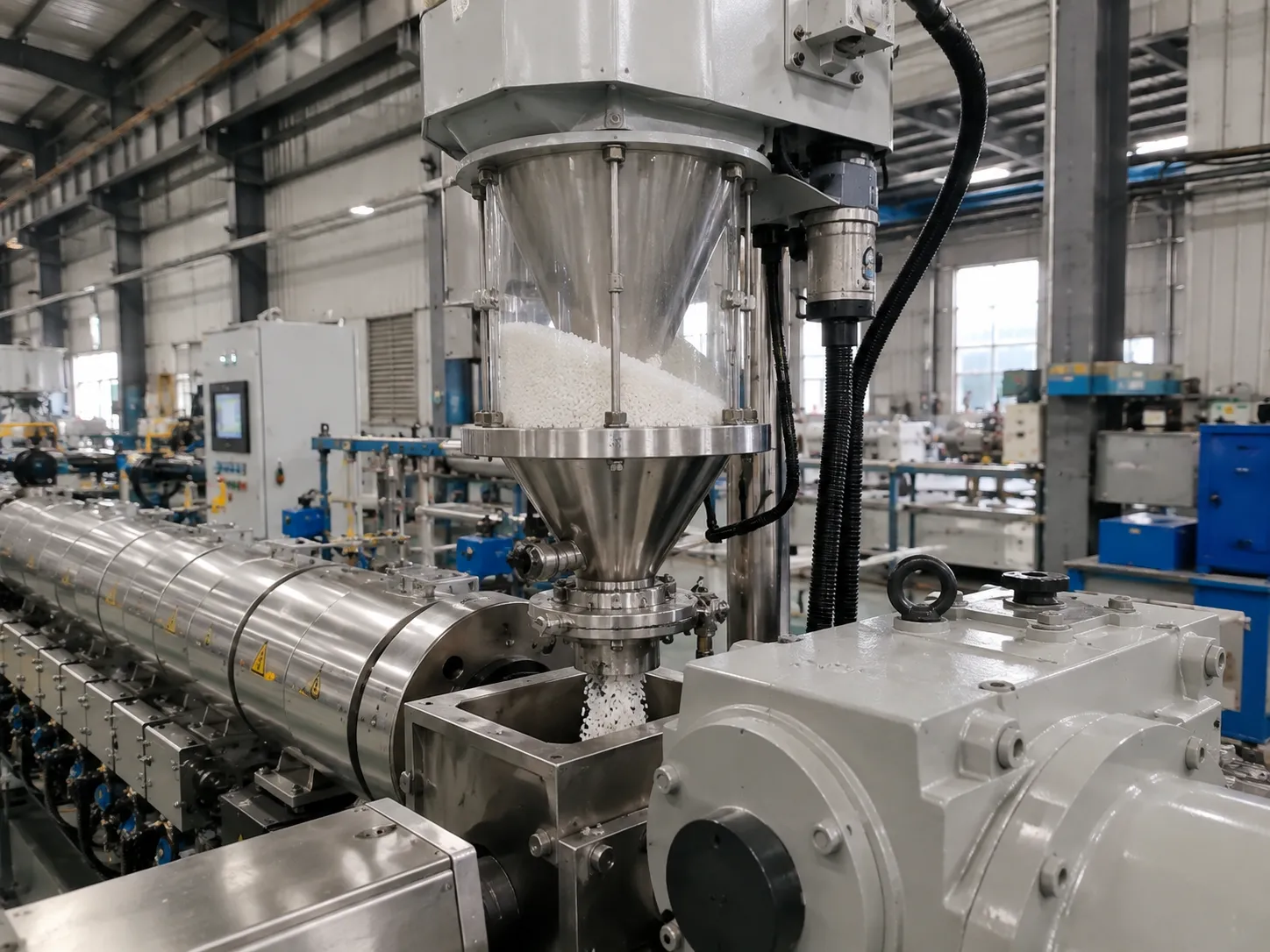 Auto loader feeding PVC powder or pellets into the extruder hopper via a gravimetric feeder at a controlled rate