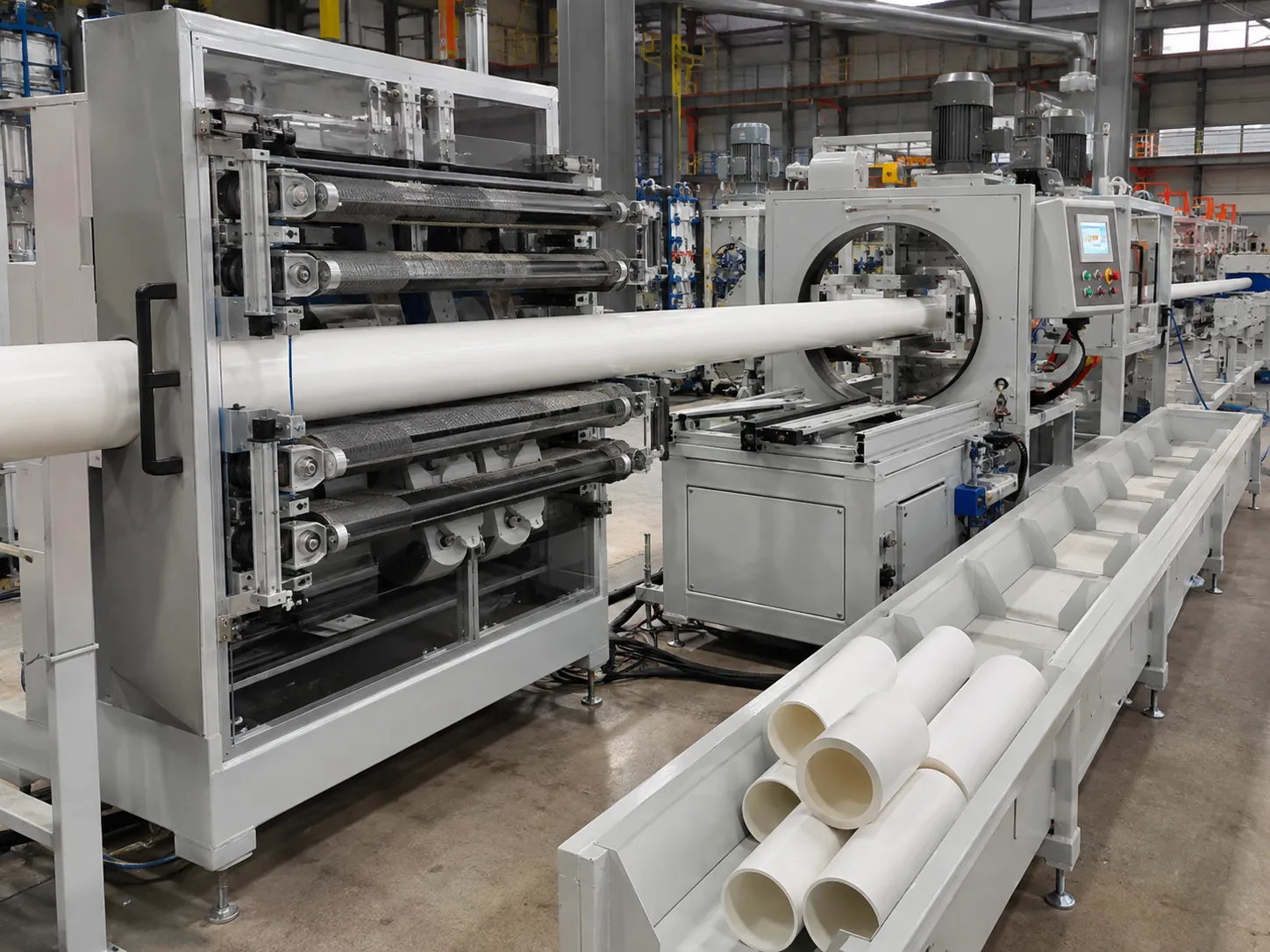 Synchronized roller haul-off and planetary saw cutting PVC pipe with ±1mm accuracy at full line speed