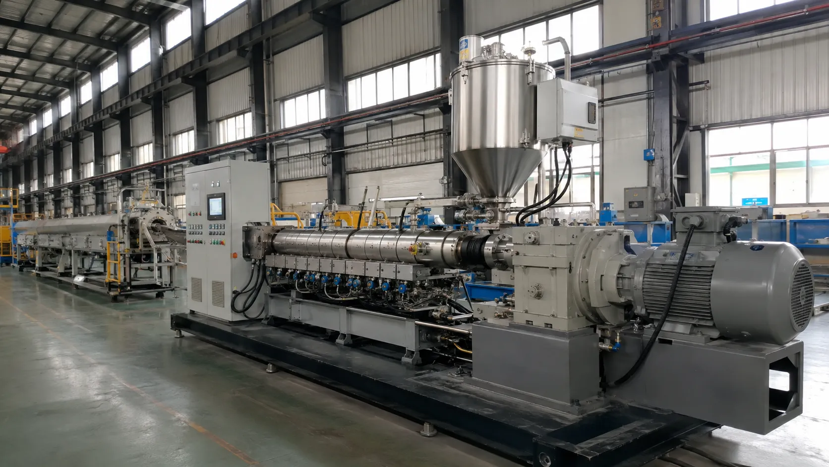 PVC extruder machine with nitrided 42CrMo screw barrel, stainless steel hopper, closed-loop PID temperature control and PLC control cabinet for rigid flexible and foamed PVC pipe profile production at UET Machine factory