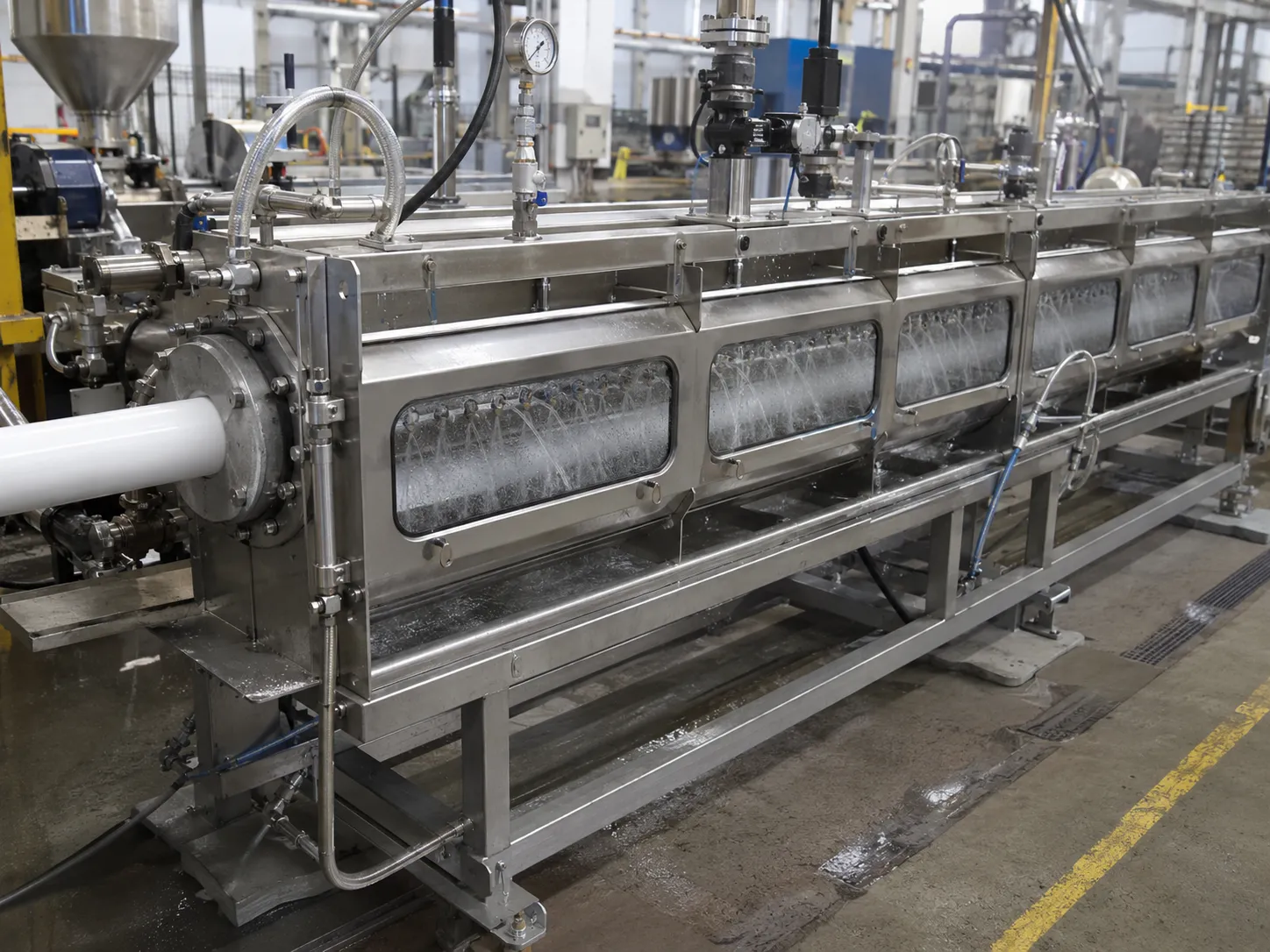 Vacuum calibration tank with spray cooling locking the outer dimensions of a PVC pipe while it solidifies