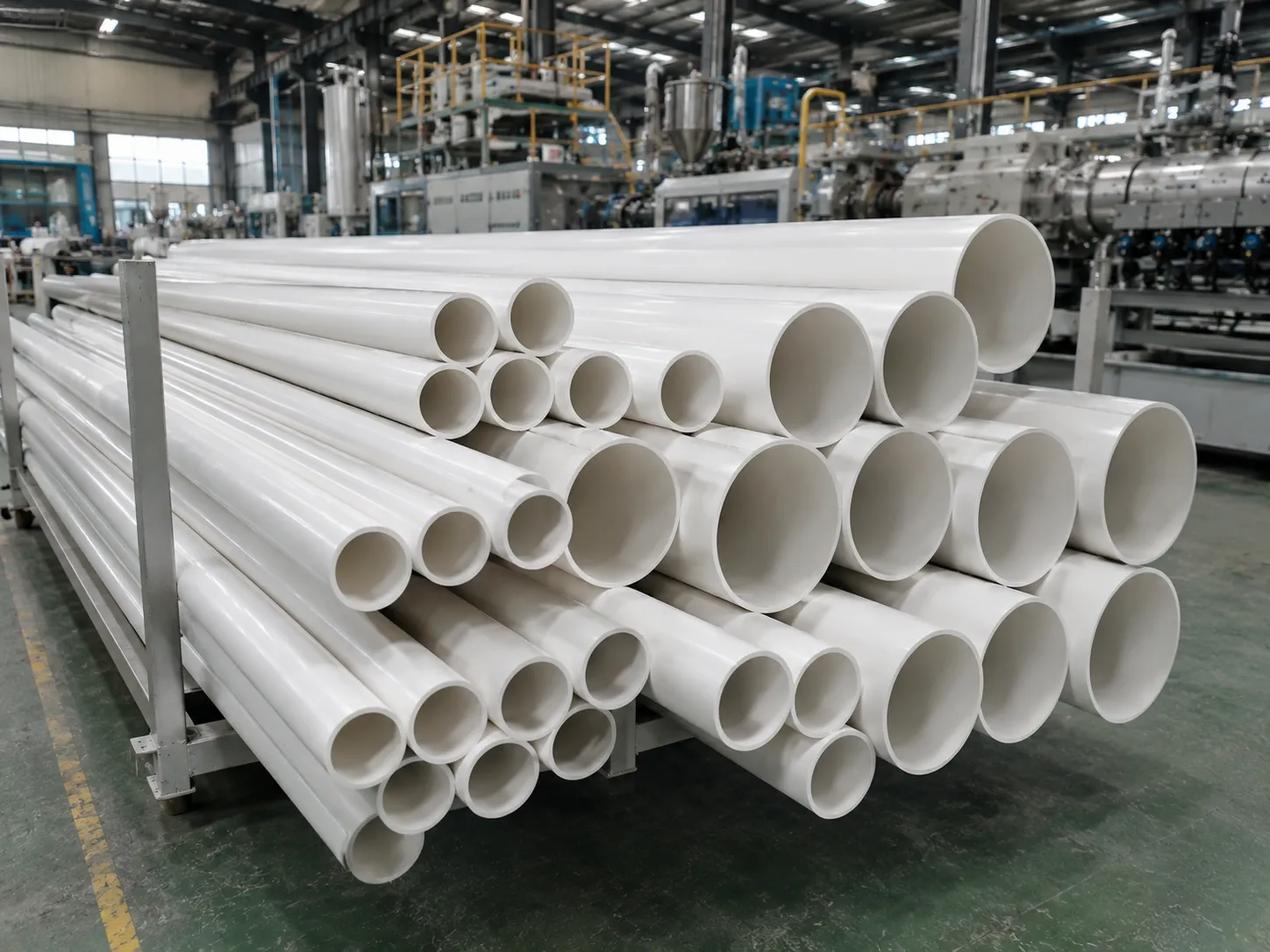White PVC and UPVC pipes stacked on metal shelves, diameters from 20mm to 300mm for water supply, drainage and electrical conduit