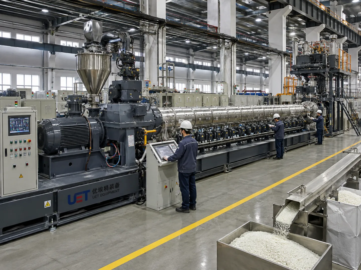 Industrial-scale twin screw reactive extruder for high-throughput continuous production — heavy-duty reactive extrusion and pelletizing line for large-scale polymerization and compounding