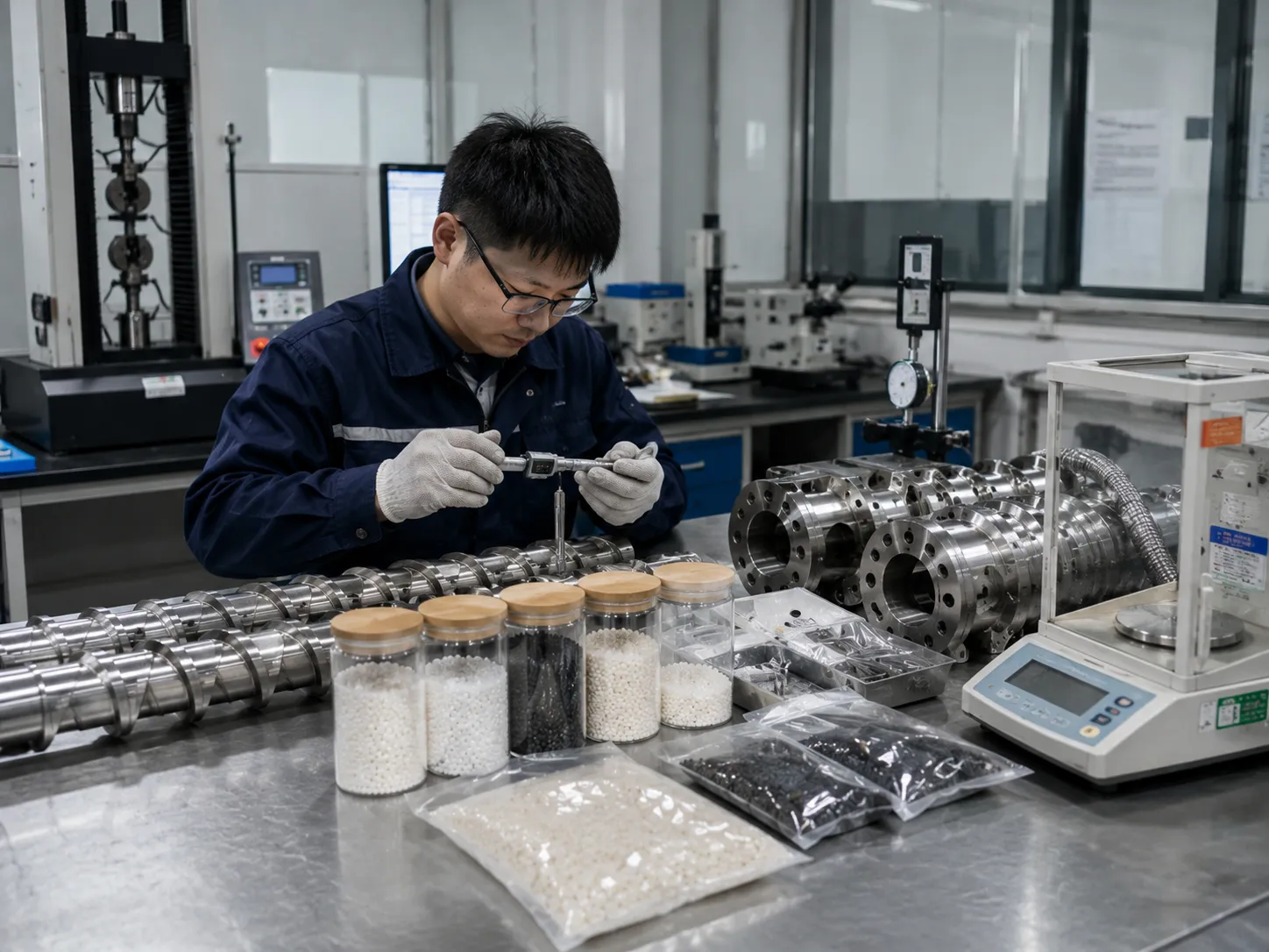 Quality control laboratory for reactive extruder manufacturing — technician performing precision measurement on screw components with digital calipers material testing and ISO 9001 inspection