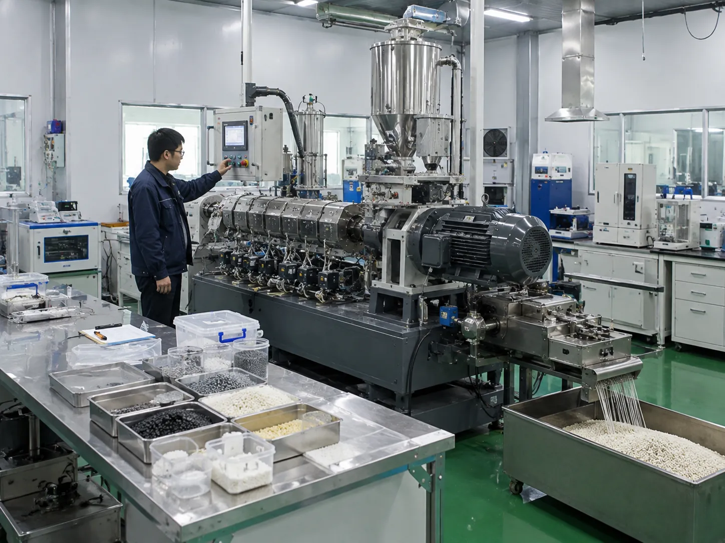 Dedicated R&D center with pilot-scale twin screw extruder for customer material testing and formula optimization — reactive extrusion technology innovation and continuous development