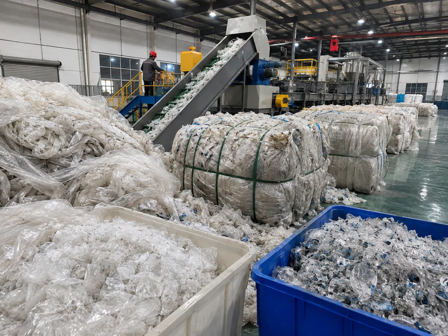Compressed plastic bales and clean recycled plastic flakes ready for extrusion processing in modern recycling facility