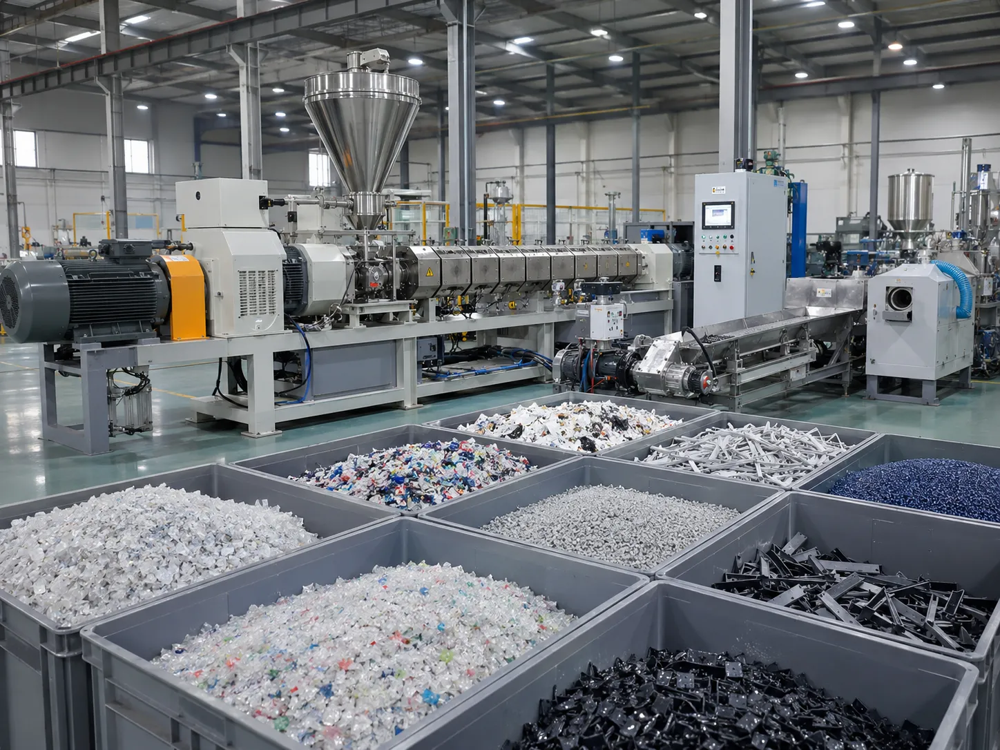 Multi-color recycled plastic materials including HDPE PP and mixed reclaimed plastics on full extrusion production line at UET Machine
