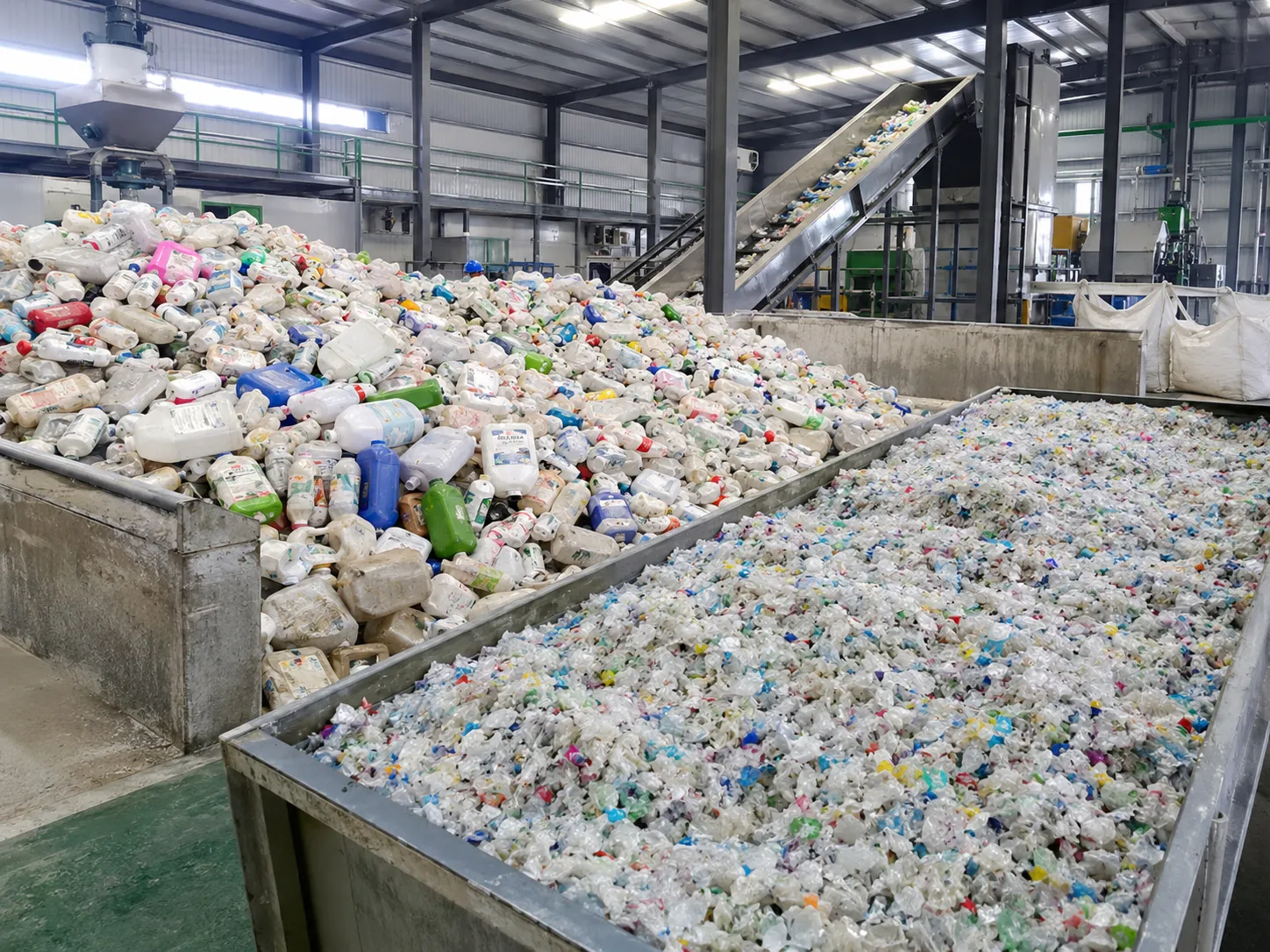 Waste plastic bottles and crushed plastic flakes as raw materials for recycling extrusion process at UET Machine factory