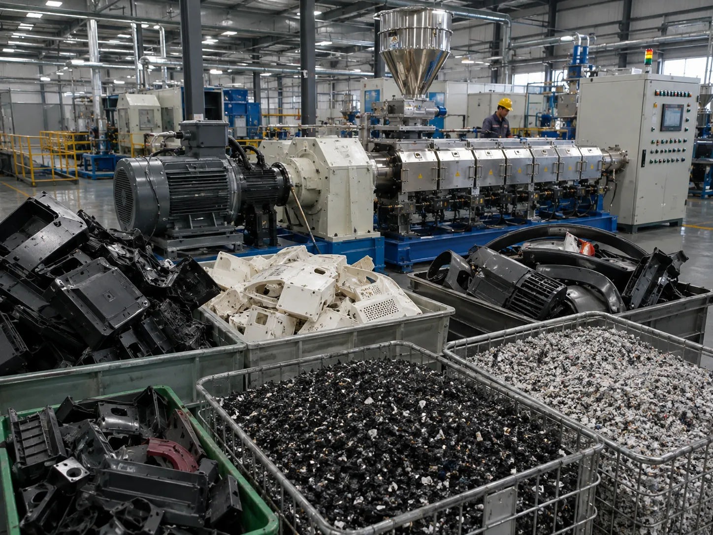 Various waste plastic parts and crushed plastic materials being fed into twin screw extruder for recycling at UET Machine