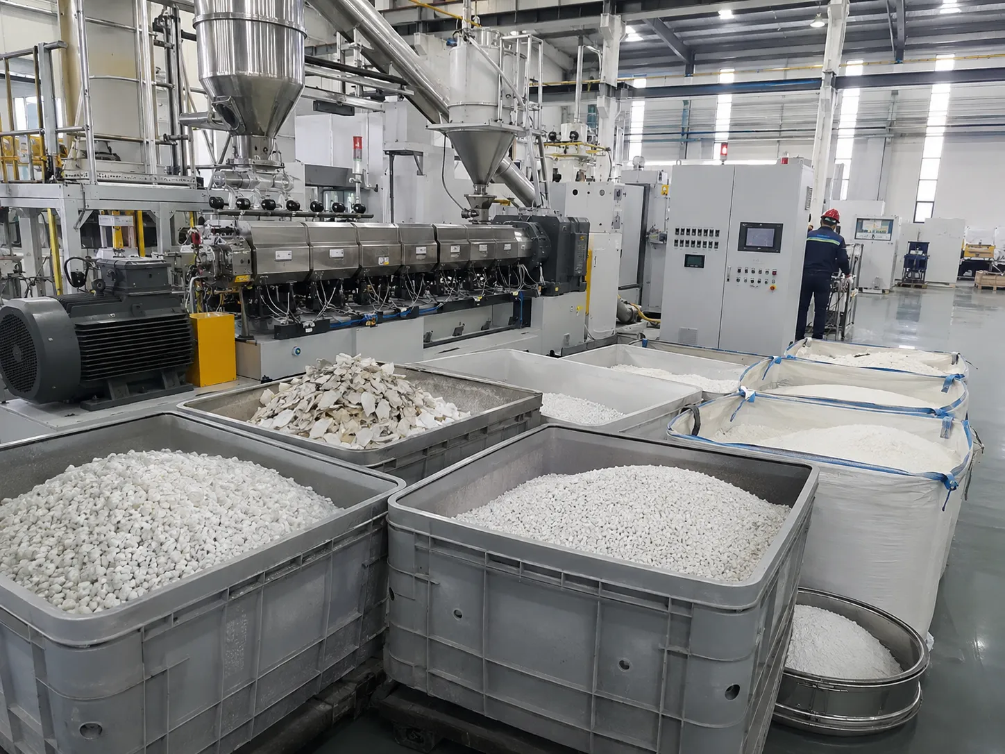 White recycled plastic granules and twin screw extrusion line for continuous plastic recycling production at UET Machine