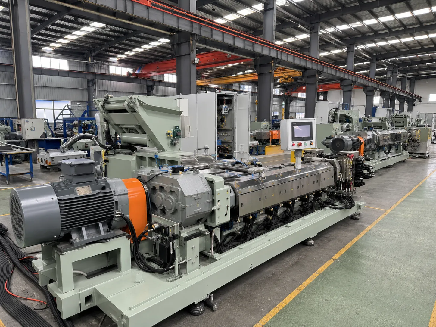 Rubber extruder assembly line with motor gearbox and barrel integration