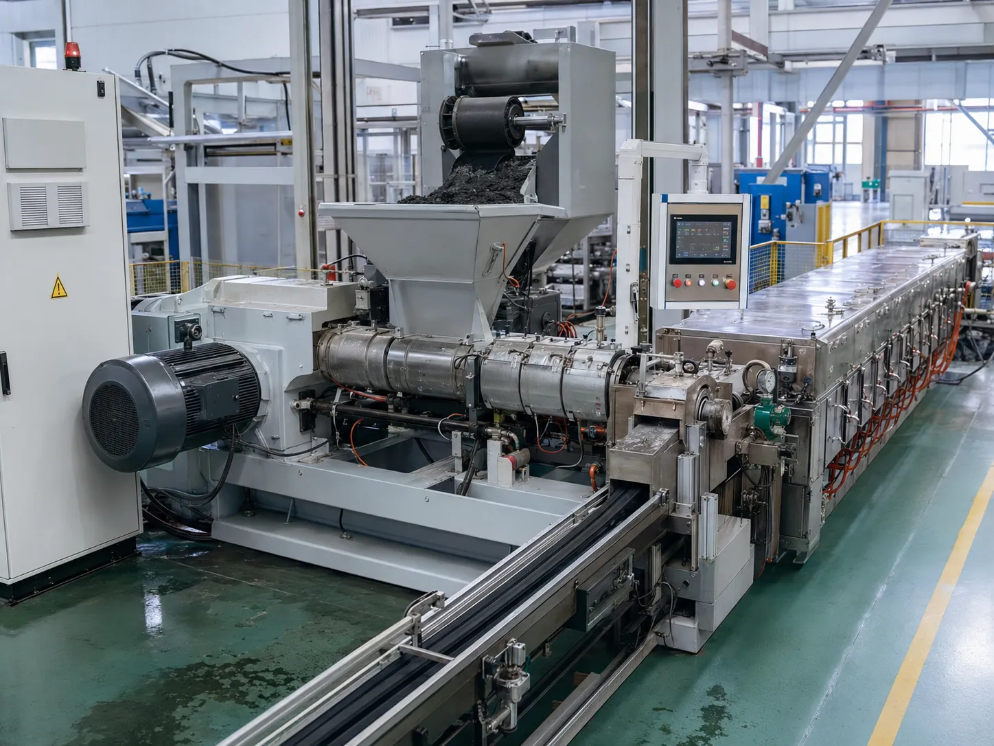 Full-load test run of rubber extruder with material feeding