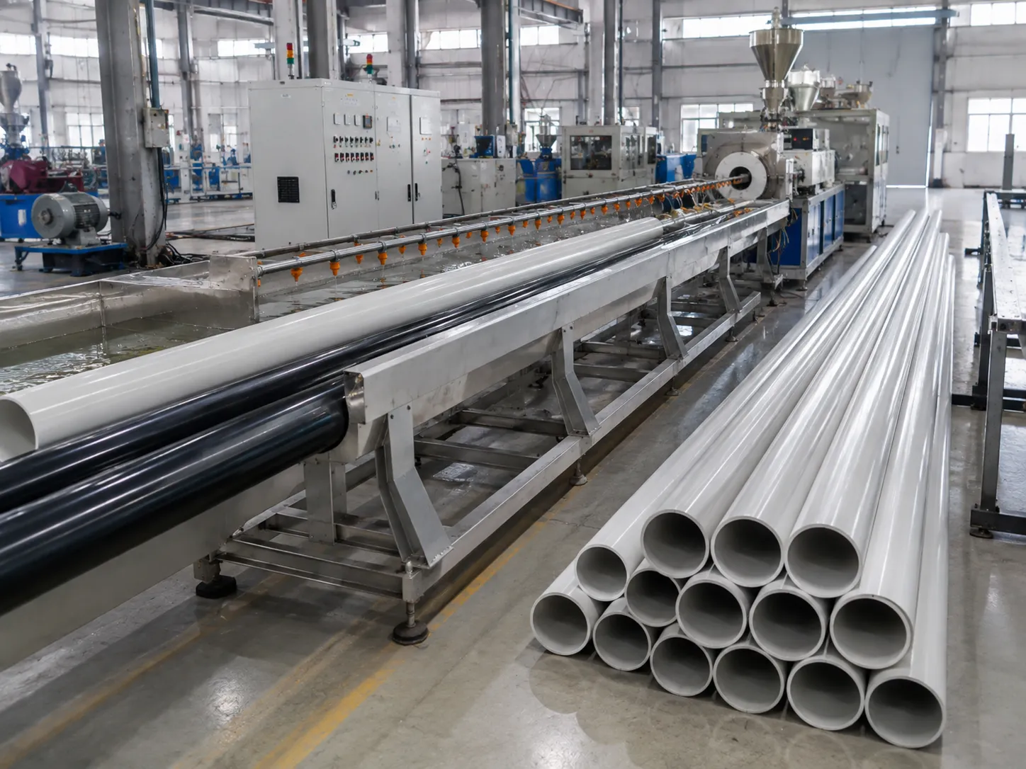 Plastic pipe extrusion line producing PE and PVC pipes with cooling water spray system